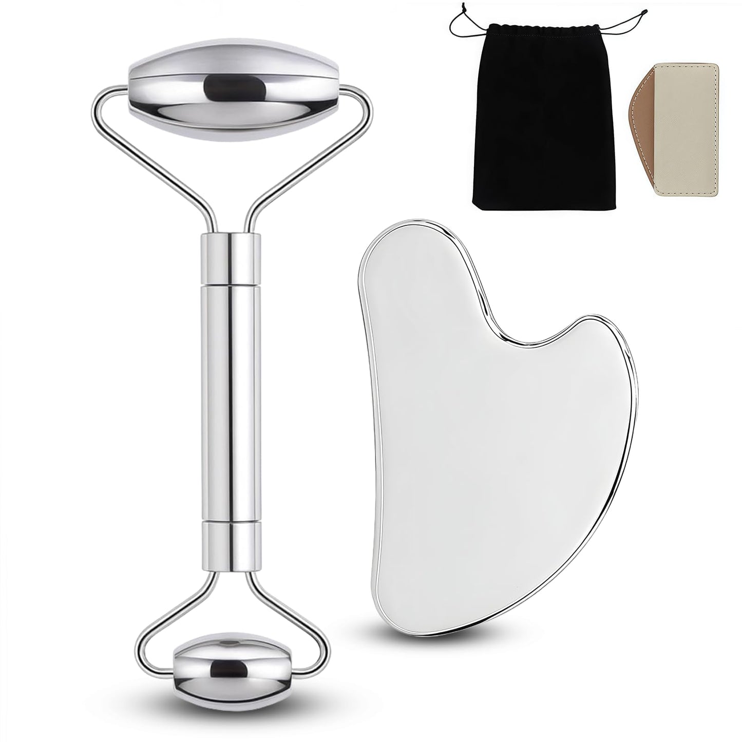 Unfovi Stainless Steel Gua Sha and Face Roller Set Facial Massager Tools, Lymphatic Drainage Massager Metal Gua Sha Skin Self Care Gifts for Women