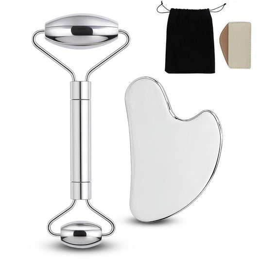 Unfovi Stainless Steel Gua Sha and Face Roller Set Facial Massager Tools, Lymphatic Drainage Massager Metal Gua Sha Skin Self Care Gifts for Women