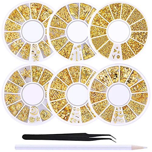 WOKOTO 3D Nail Charms Kit - Gold Nail Art Jewelry with Rose, Star, Moon, Feather Shapes, Includes Tweezers & Picker Pencil - Variation KIT3