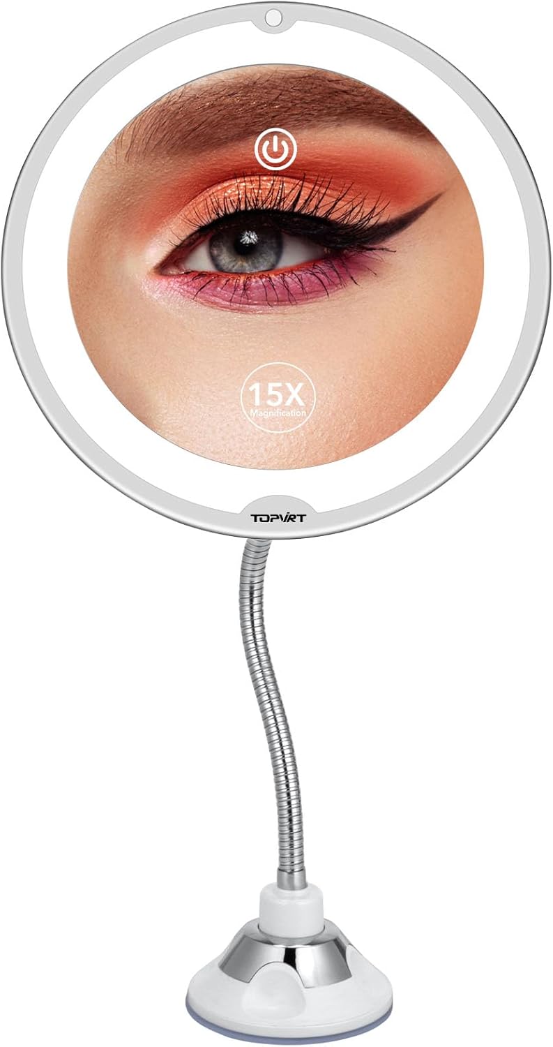 15X Magnifying Suction Mirror - Dimmable LED Vanity Mirror with Power Suction Cup | Portable for Home Bathroom (Large)