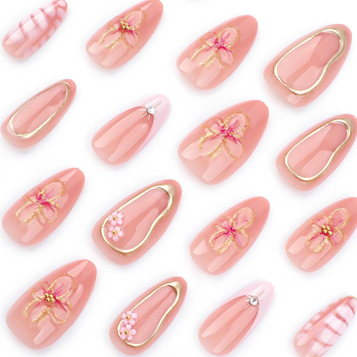 3D Flower Press-On Nails - Medium Square Pink French Tip with Star Rhinestones | Full Cover Artificial Nails for Women