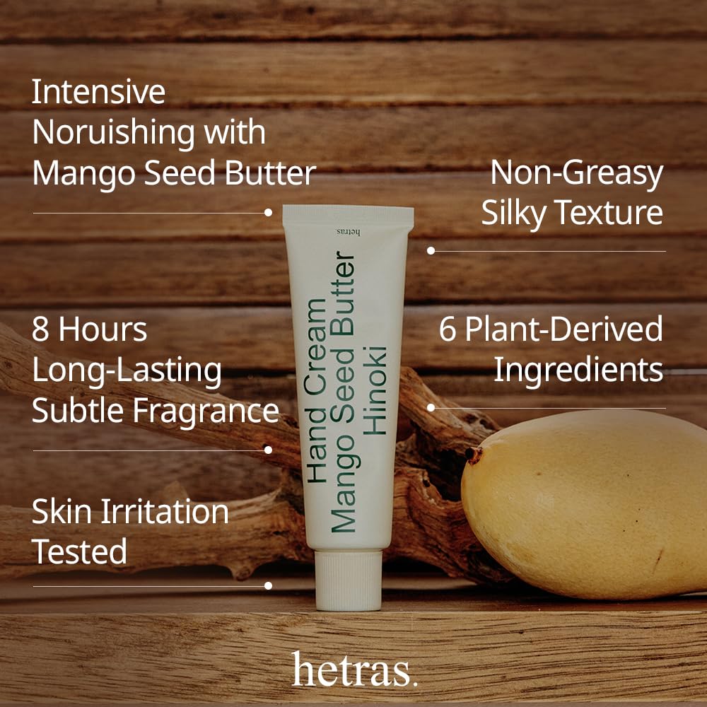 Hetras Perfume Hand Cream (Hinoki) - Fast-Absorbing Moisturizer for Dry Skin | 1.69 oz Non-Greasy Lotion with Mango & Shea Butter