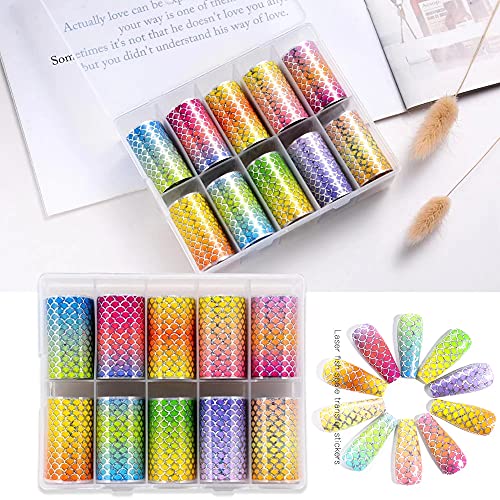 SILPECWEE 10 Sheets Mermaid Scale Holographic Nail Foils Transfer Stickers