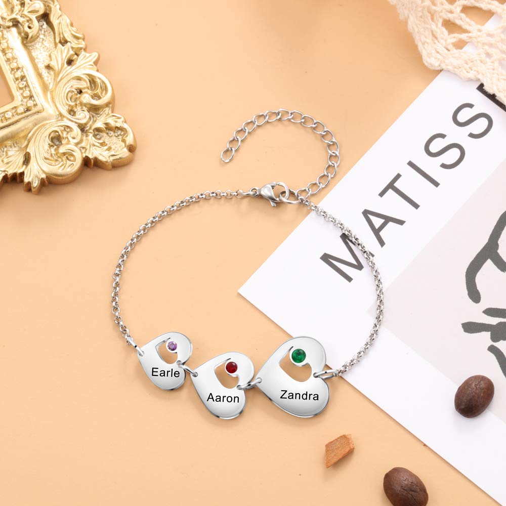 Luxladis Personalized Name Heart Bracelet with 1-6 Birthstones Custom Bracelet for Women Engraved Names Link Bracelets for Mother's Day Mom (3 names)