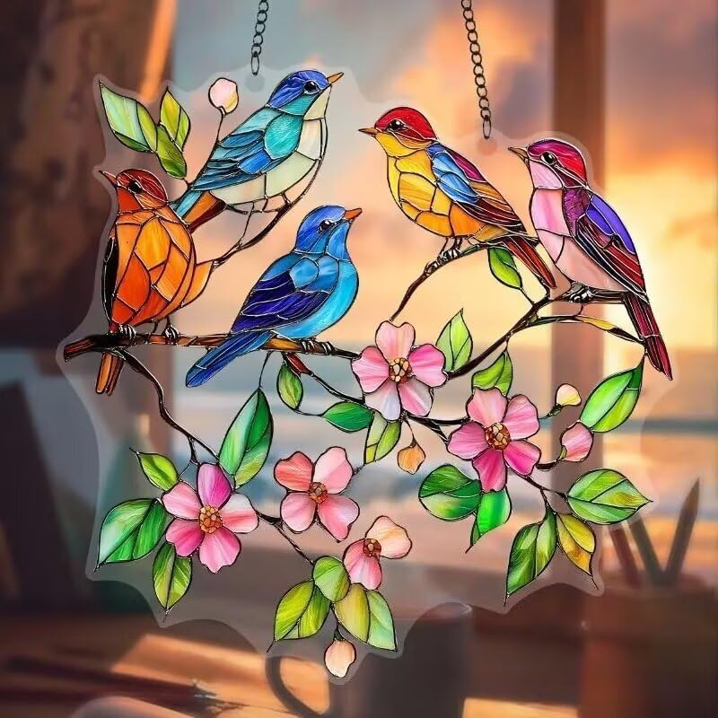 Acrylic Birds with Flowers Suncatcher - 7.08 Inch Stained Glass Style Window Decor | Rainbow Maker Wall Art & Garden Ornament