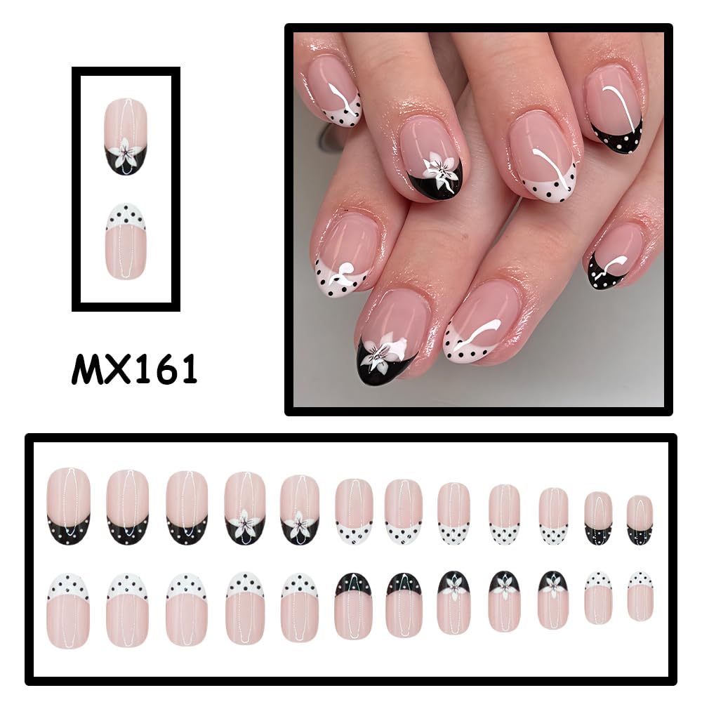 Medium Oval Press on Nails French Tip Fake Nails Glossy False Nail with Designs Flowers | Polka Dot,Cute Reusable Glue on Nail Full Cover Stick on Nails for Women Manicure 24Pcs