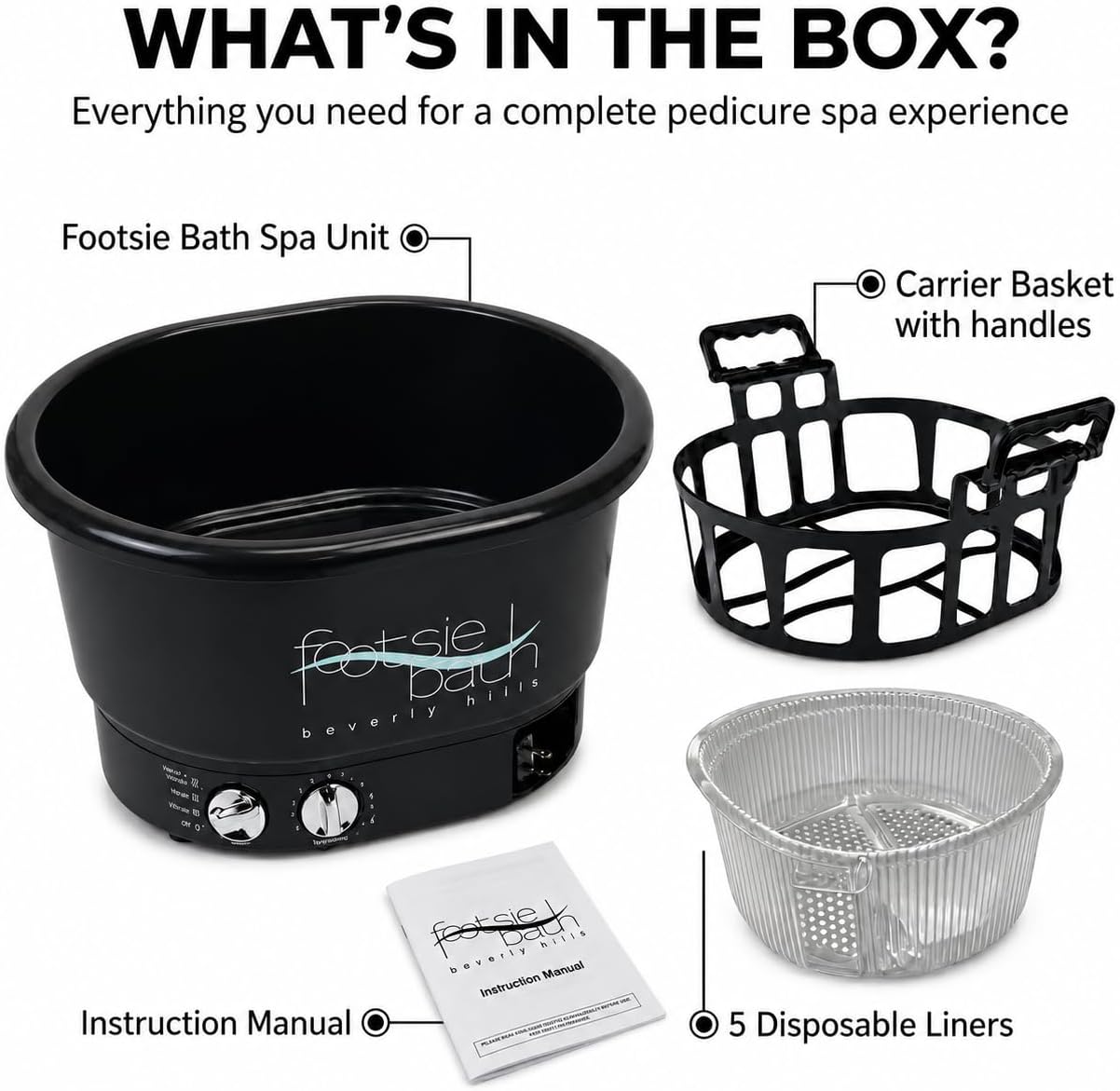 Beverly Hills Footsie Bath™ Professional Pedicure Foot Spa - Ultra-Sonic Vibration, Variable Temperature, 30-Min Timer | 5 Liners Included