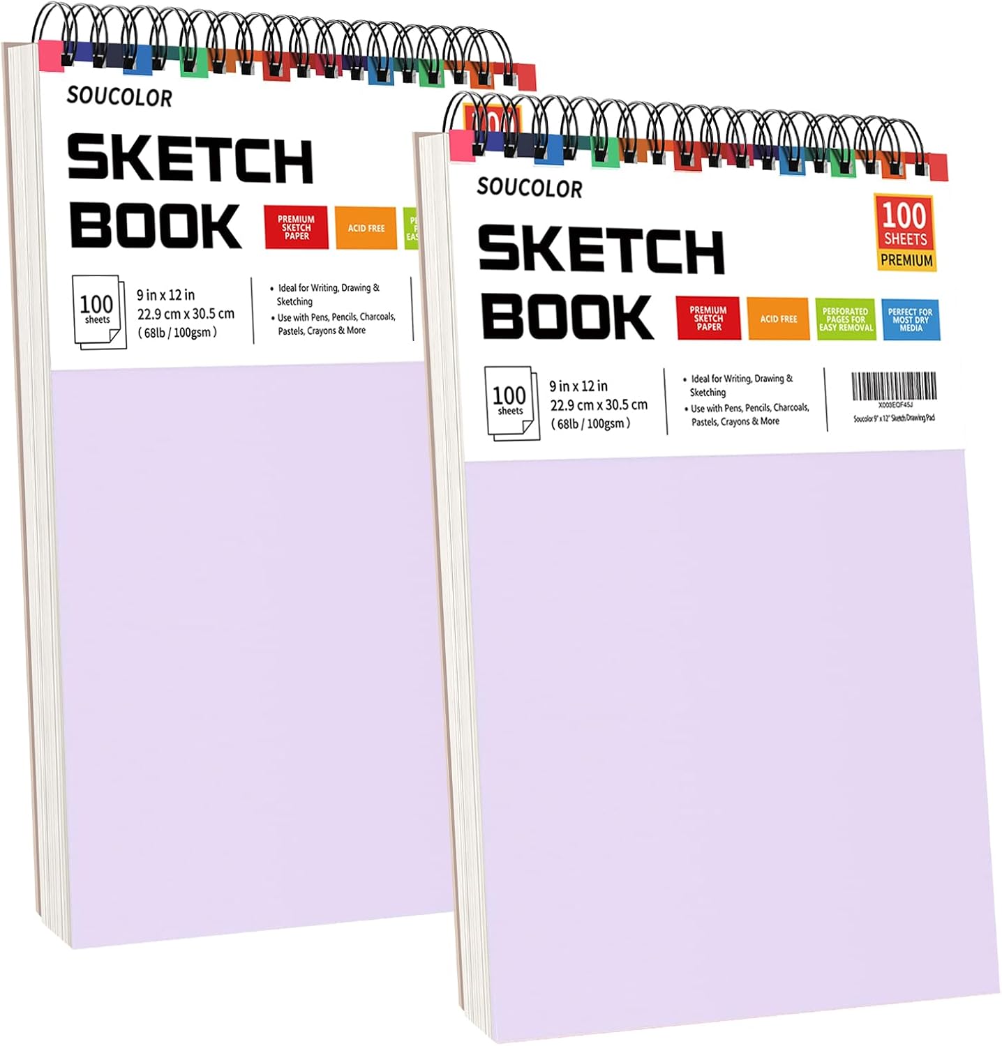 Soucolor Sketch Book - 9" x 12" Top Spiral Bound, 100 Sheets Acid-Free Drawing Paper | Ideal for Kids, Adults & Artists