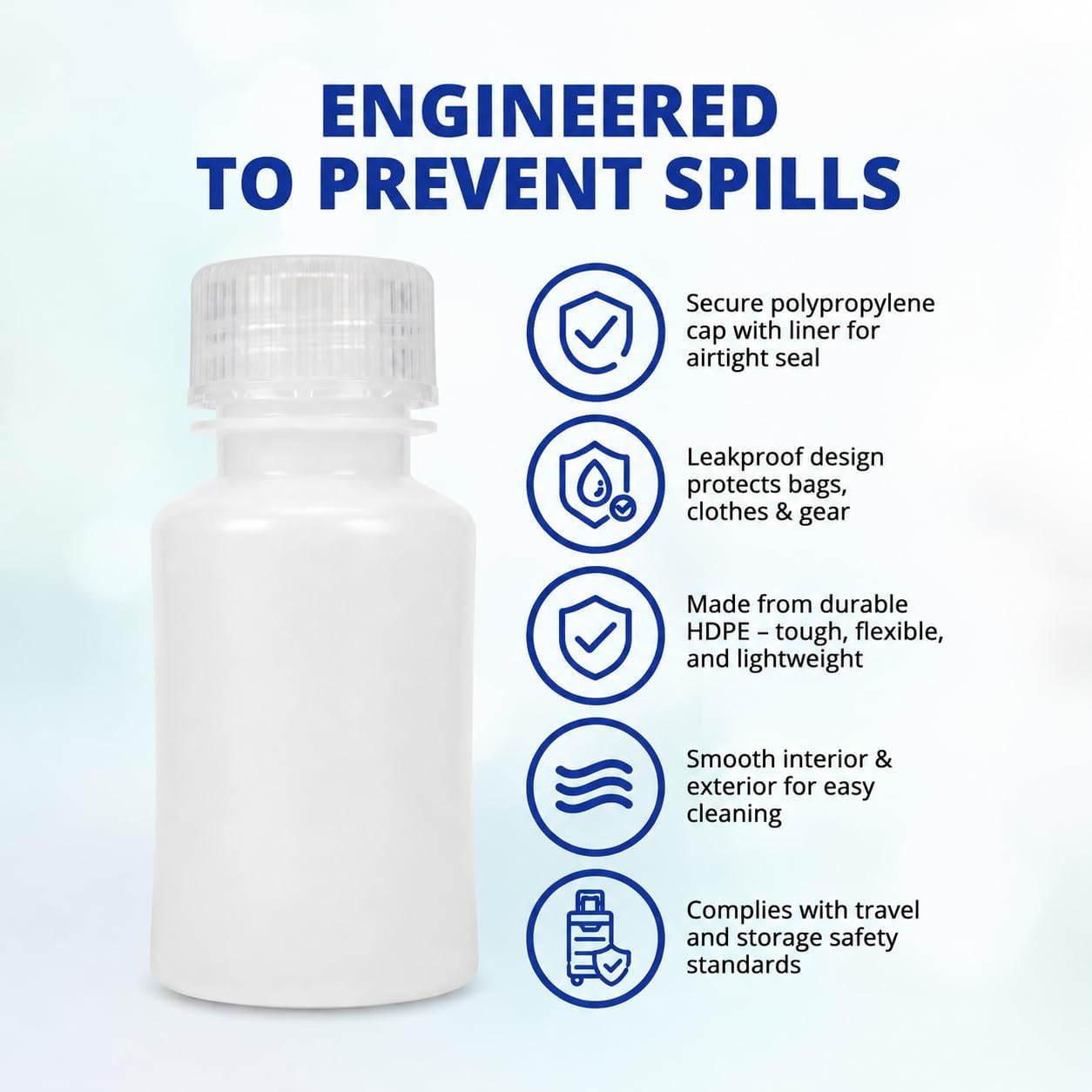 Travel Size Toiletry Bottles - 3 Oz Leak Proof Refillable Containers | TSA Approved HDPE, Pack of 6 (90ml Each)