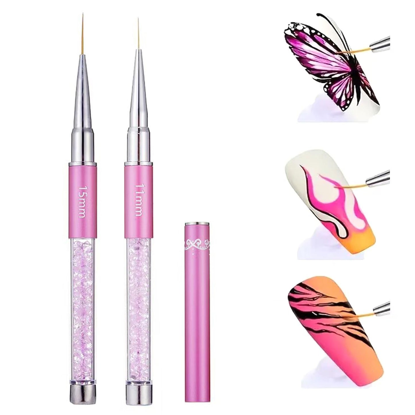 2Pcs Super Fine Nail Art Liner Brush Set, Size 11mm & 15mm Nail Striper Brushes with Purple Crystal Handle, Professional Fine Detail Nail Brushes for Gel Polish French Manicure Intricate Designs