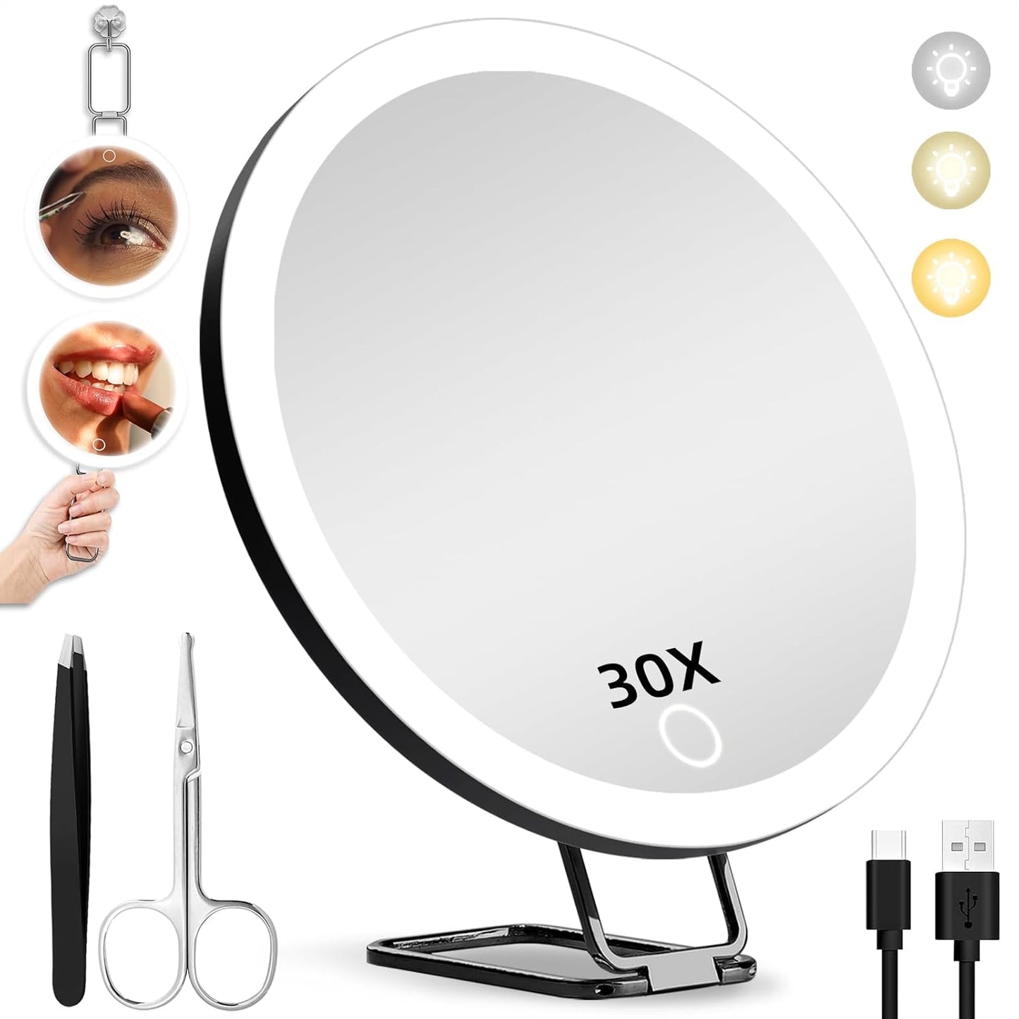 10X Magnifying Mirror with Lights - 6-Inch Lighted Travel Makeup Mirror | 3 Suction Cups & 360° Adjustable Bracket, Includes Tweezers & Scissors