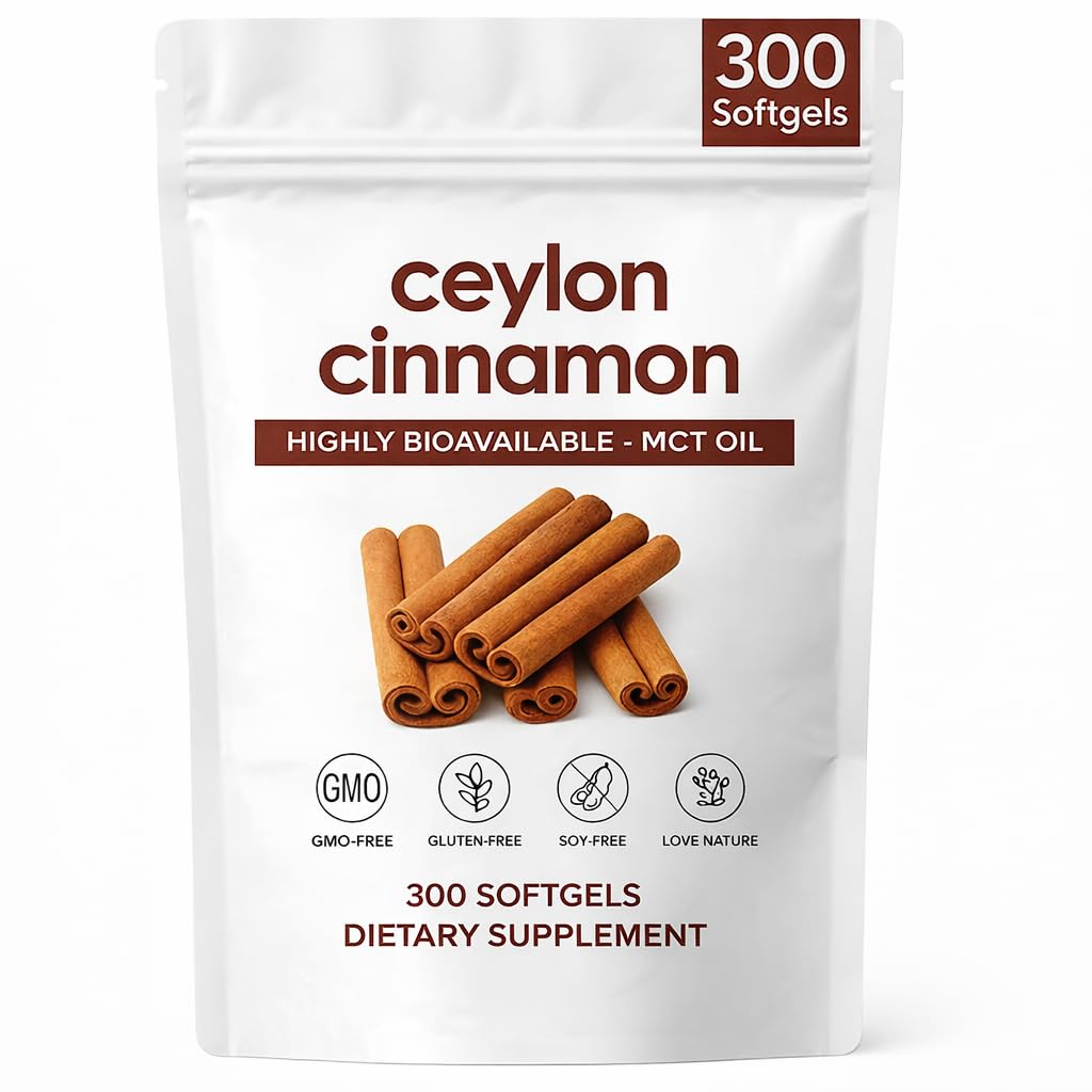 ZRRTXV Ceylon Cinnamon Softgels 𝟳𝟮𝟬𝟬𝙢𝙜 with MCT Oil, Herbal Extract Cinnamon Supplements, Non-GMO, Gluten Free, 300 Soft Gels