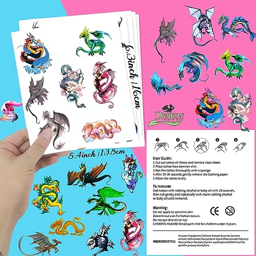Dragon Temporary Tattoos for Parties - 144 Pieces, 20 Sheets, Kids & Adults
