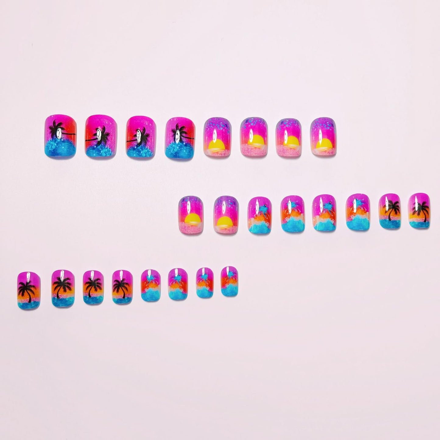 Summer Press-On Nails - Short Square Fake Nails with Sunset Coconut Trees Design | 24 Pcs Glossy Blue French Tips, Reusable Manicure