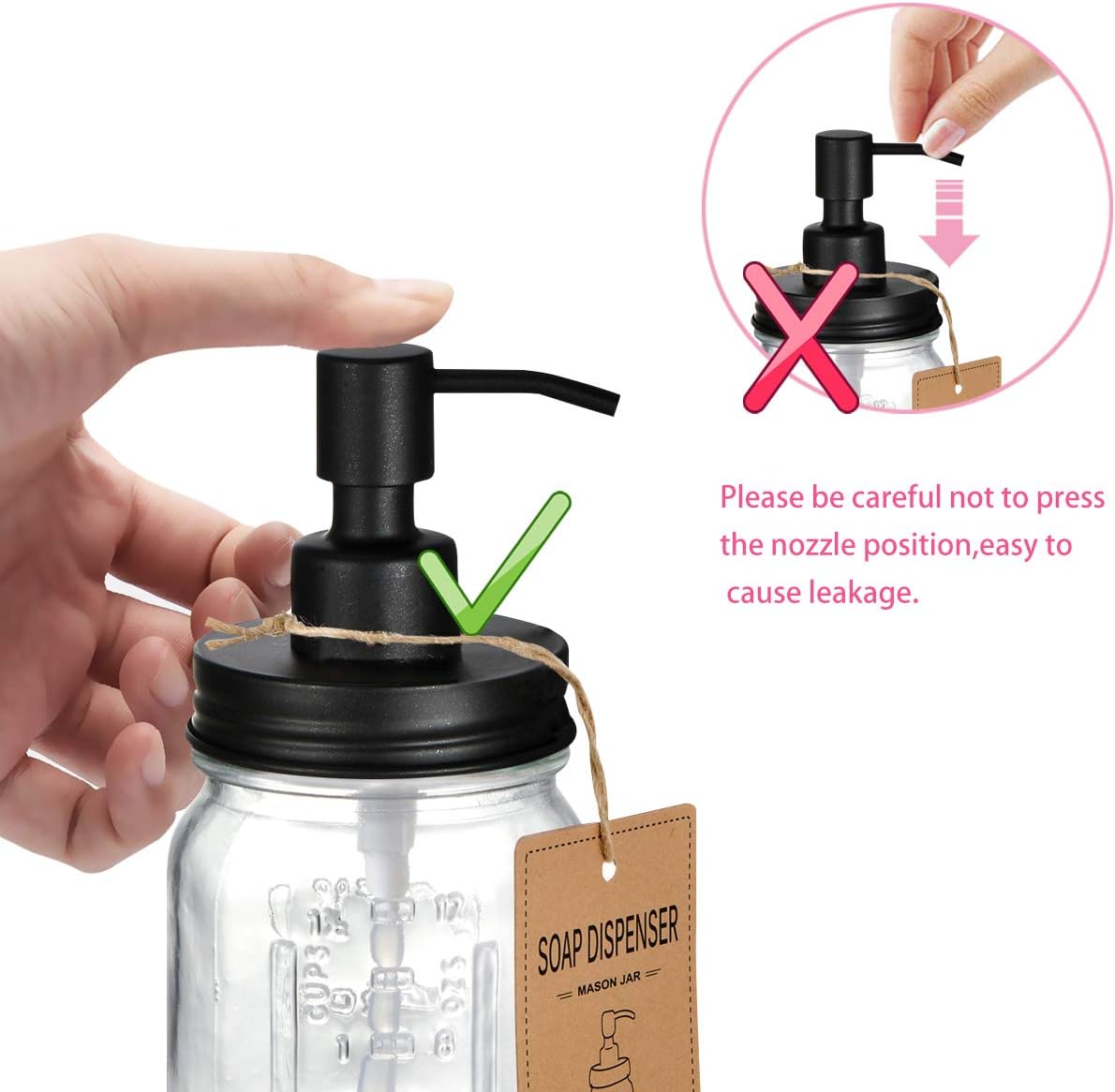 Mason Jar Liquid Soap Dispenser - 16oz Refillable Glass Pump | Black 2 Pack for Kitchen & Bathroom Decor