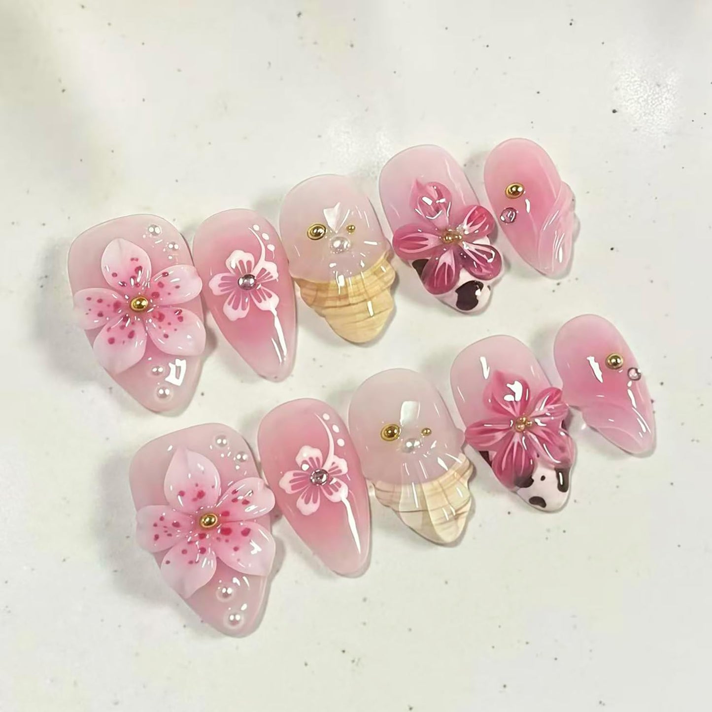 3D Pink Flower Press-On Nails - Nude Pink Gradient French Tip | Medium Almond, Reusable 30 Pcs for Weddings