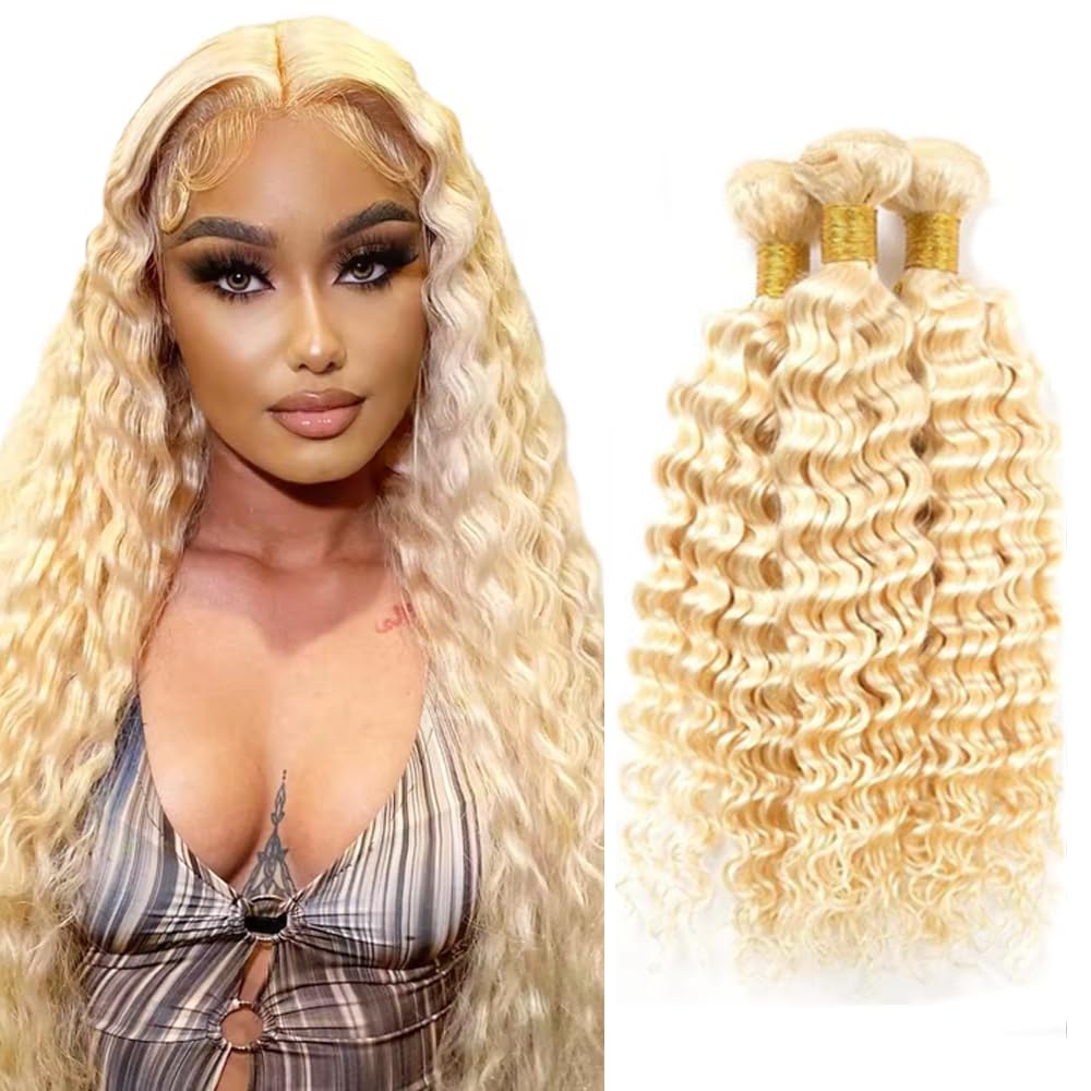 613 Bundles Human Hair Blonde Deep Wave 3 Bundles 10A Brazilian Virgin Remy Hair Extensions 613 Bundles Human Hair 24 26 28 Inch 150g