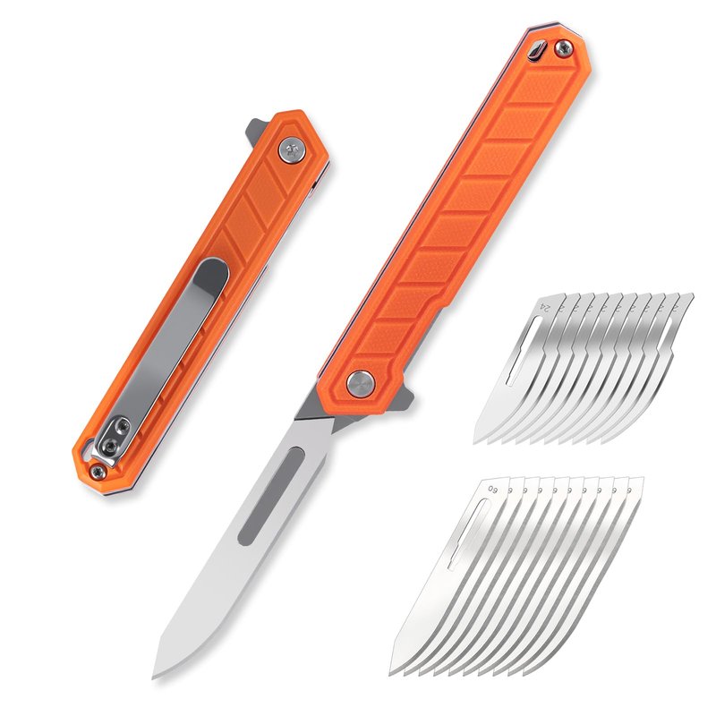 Tops Home Mini Folding Scalpel – Slim G10 Handle with Back Clip, Liner Lock Pocket Knife for Crafts, Utility Box Cutter, Includes 20 Replaceable Blades (#24 & #60) (Orange)