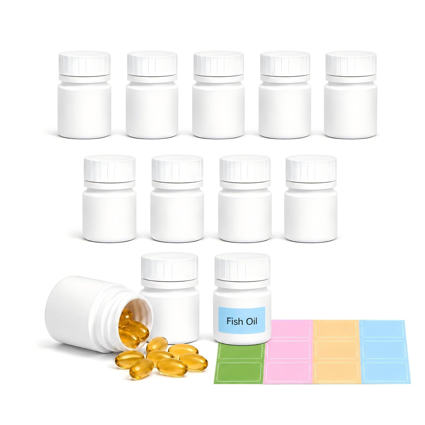 12 Pack Food Grade Pill Bottle with Labels, Empty Plastic Medicine Bottles, Travel Pill Container Organizers for Pills Capsules Vitamins Powder(1oz)