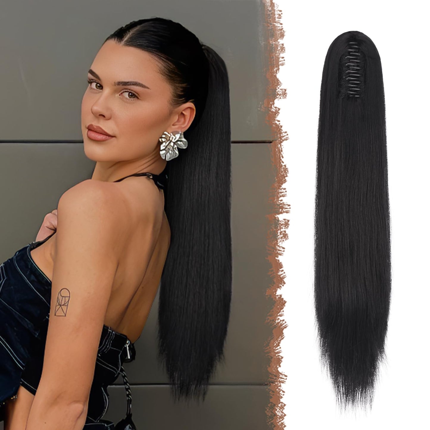 Claw Ponytail Extensions - Long Dark Brown Straight Hairpieces | 25-Inch Synthetic Clip-In Tails