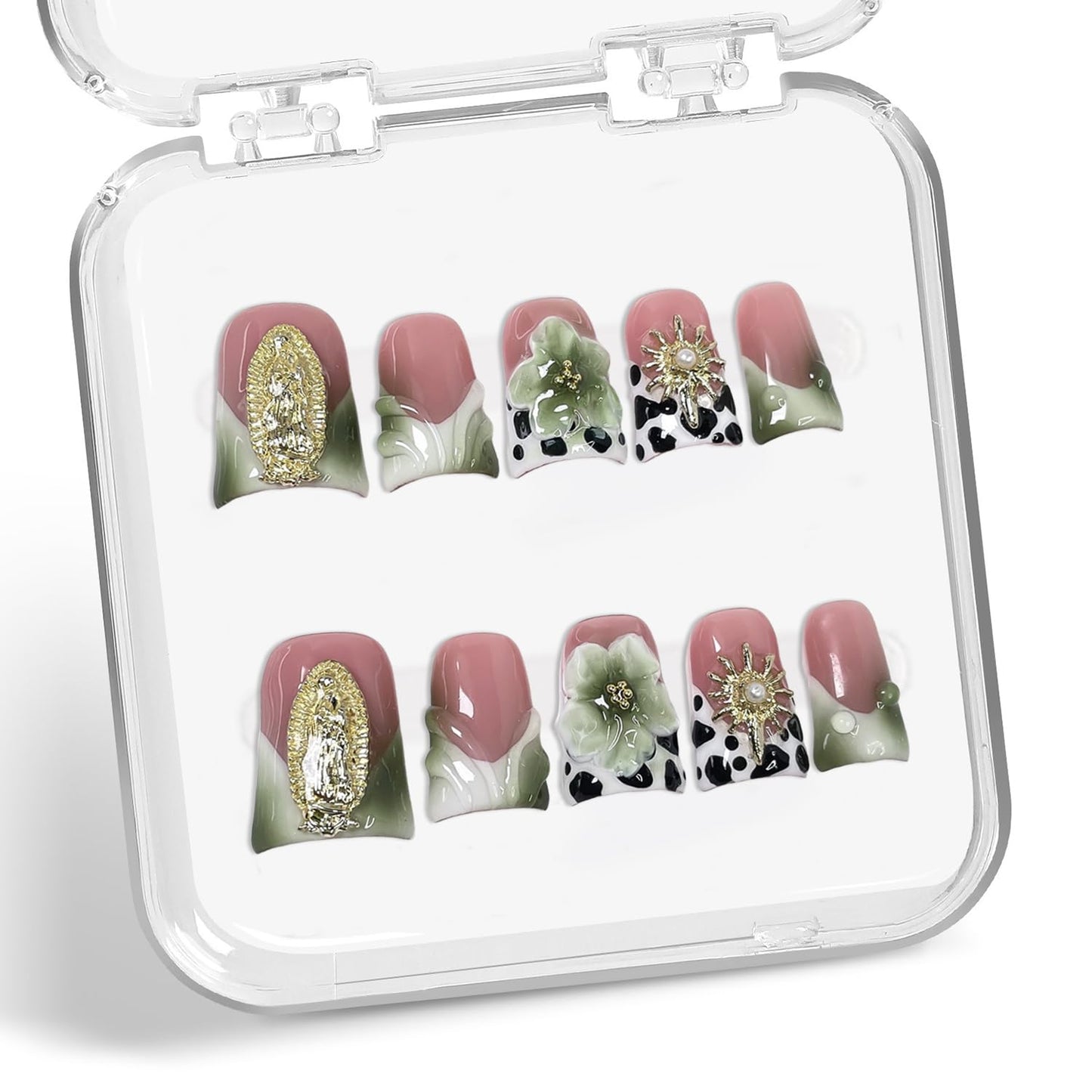 Colorful 3D Flower Press-On Nails - Handmade Thick Acrylic Full Cover | White French Tip (Medium)
