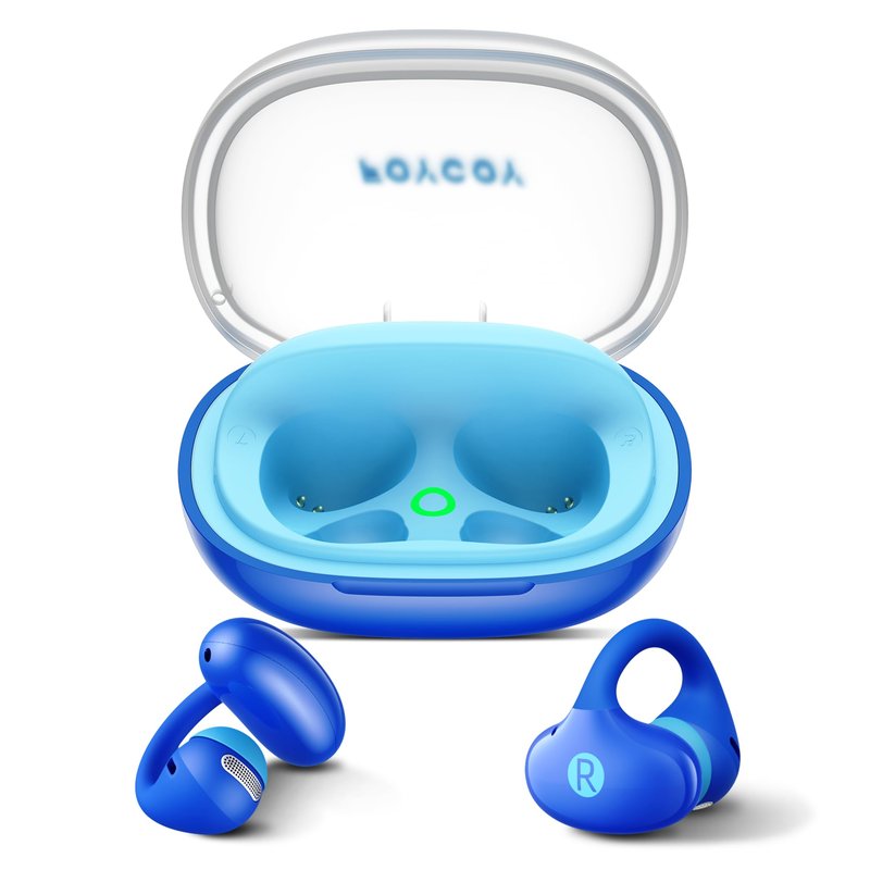FOYCOY Kids Open Ear Earbuds - Clip-On Earbuds - 85 dB Volume Limit - Bluetooth 6.0, Built-in Mic, 40H Playtime, Silicone Pads, IPX5, Small Ears and Glasses Friendly, Ages 6-14, Blue