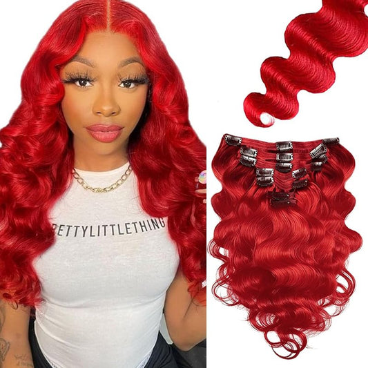 Red Clip in Hair Extensions Real Human Hair, 14 Inch 120g/7Pcs,Full Shine Remy Human Hair,Wine Red Body Wave Clip ins Brazilian Virgin Human Hair Extensions