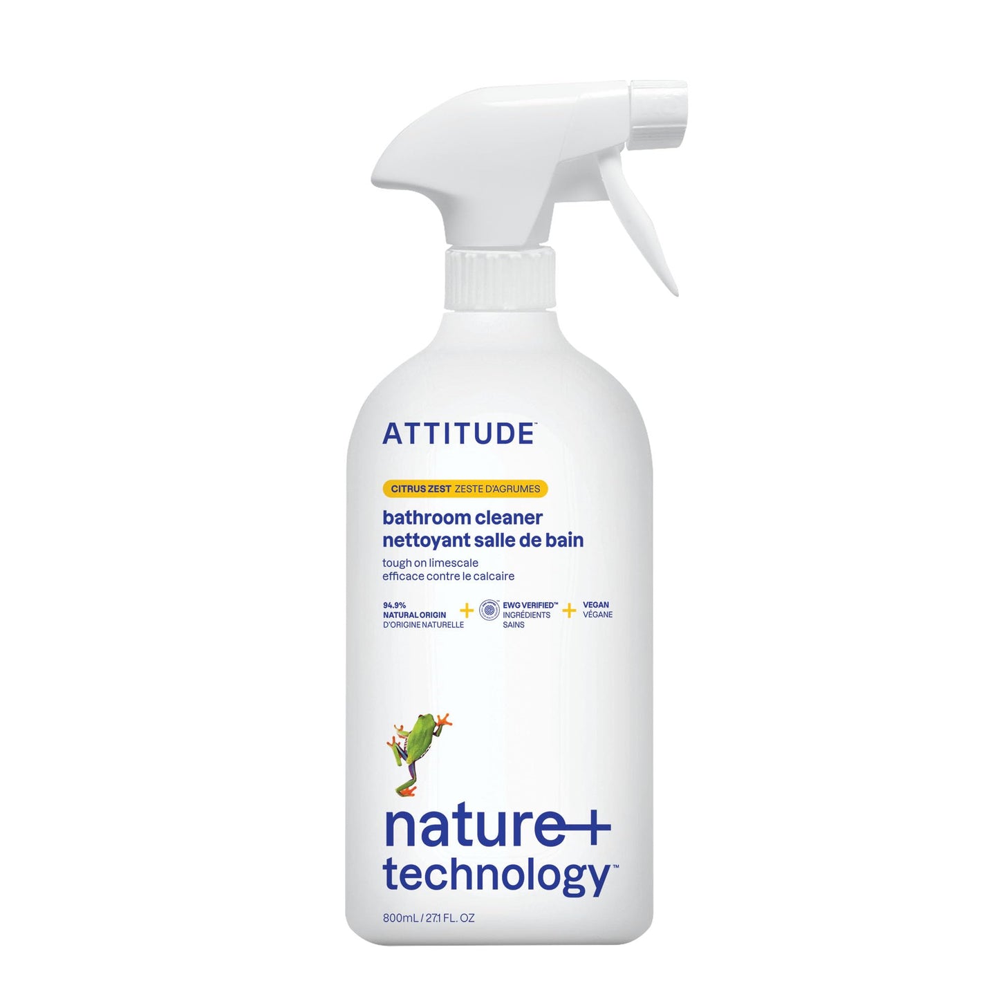 ATTITUDE Bathroom Cleaner Spray, EWG Verified, Plant-Based & Vegan, Safe for Bathroom Surfaces, Tiles, Tubs, Shower Walls, and Grout, Citrus Zest Scent, 27.1 Fl Oz