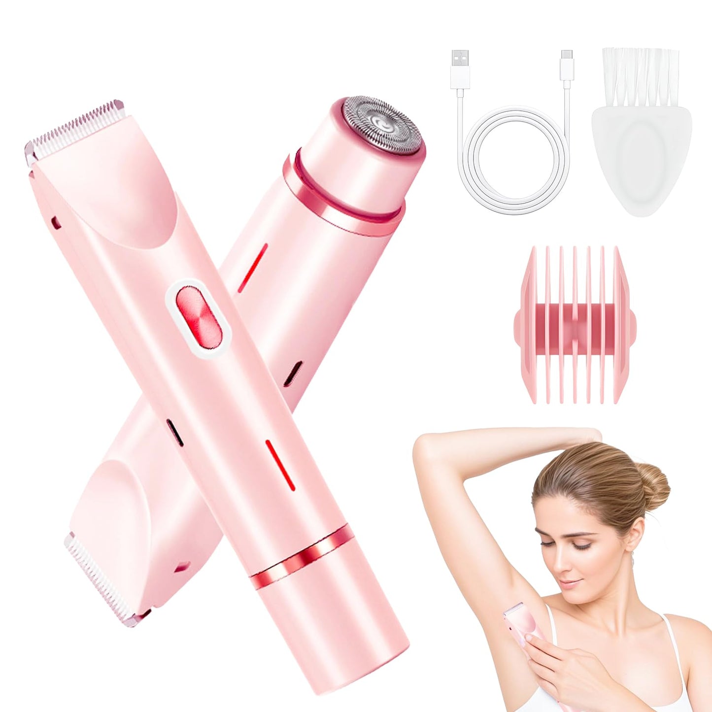 Bikini Trimmer for Women, 2 in 1 Electric Razors for Women, Dermave Bikini Shaver, IPX7 Waterproof & Easy Cleaning, Ceramic Blade, 120 Min Cordless Runtime, Ultra Low Silent(Pink).
