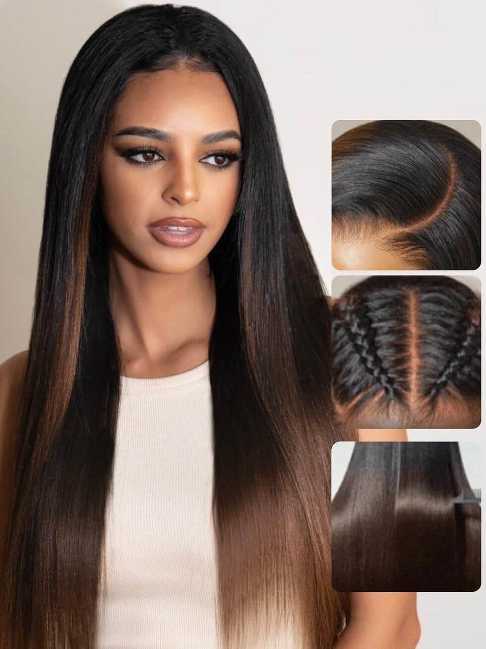 UNICE Chestnut Brown Ombre Yaki Straight 7x5 Pre Cut HD Lace Front Wigs Human Hair with Drawstring Bye Bye Knots Glueless Wig Pre Plucked Bleached Knots Natural Hairline 150% Density 20 inch