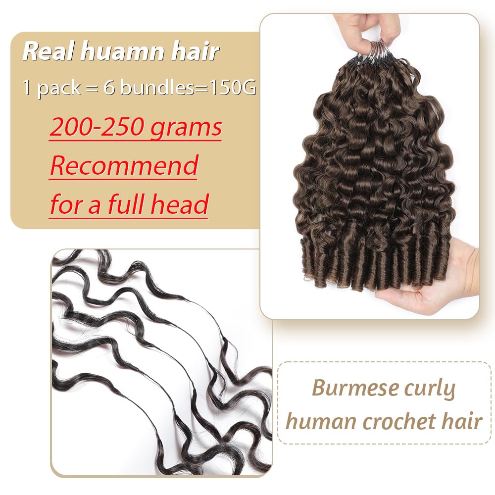 Burmese Curly Human Crochet Hair for Black Women 22 Inch 150g Reusable Knotless Feather Crochet Human Hair Curly Invisible Wet and Wavy Crochet Hair Extensions 4#