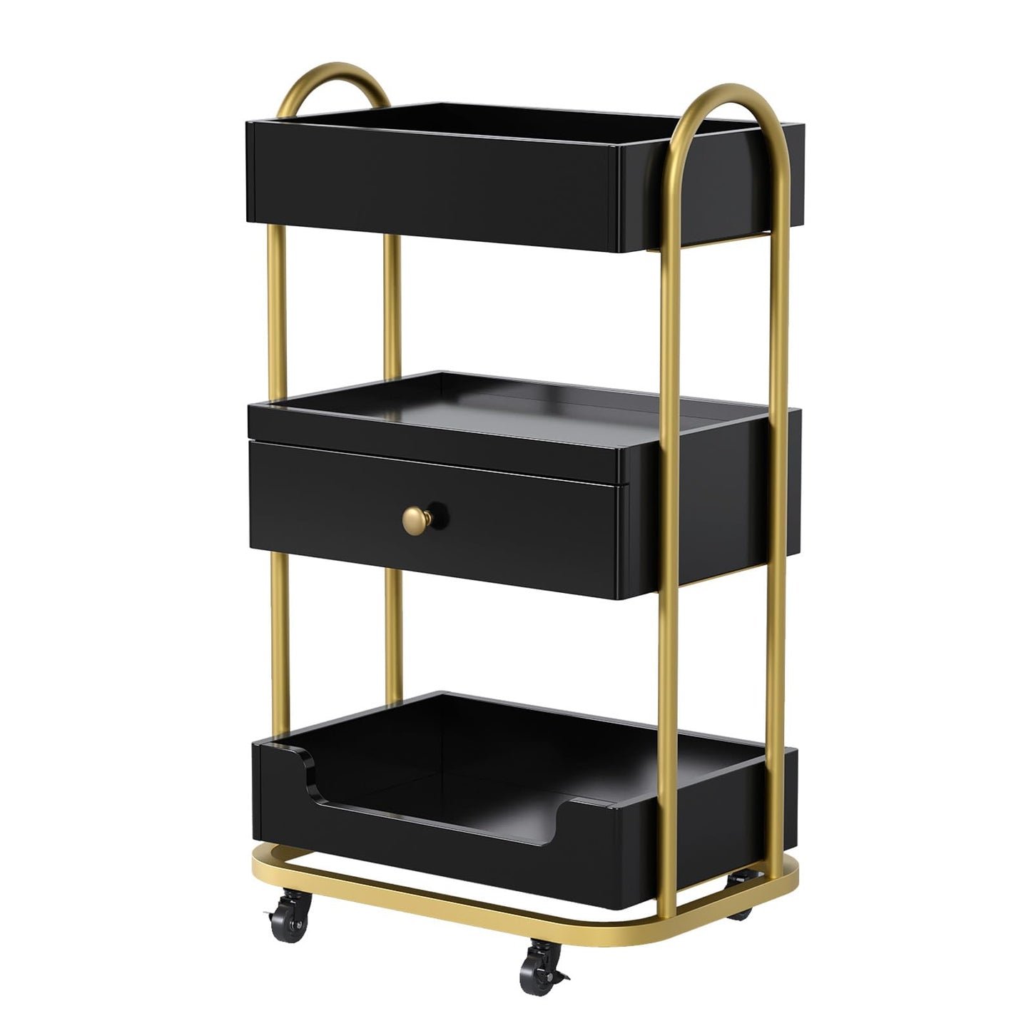 OmySalon Salon Trolley Cart, Hair Styling Station with 3 Trays & 1 Drawer, 2 Lockable Wheels, Esthetician Cart Mobile Storage Cabinet for Beauty Spa Barbershop, Black