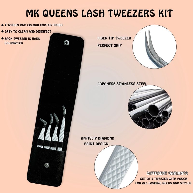 MK Queens Lash Tweezers - Stainless Steel Fiber Tip Eyelash Tweezers (Set of 4) - Diamond Grip Professional Lash Tweezers for Eyelash Extensions (White)