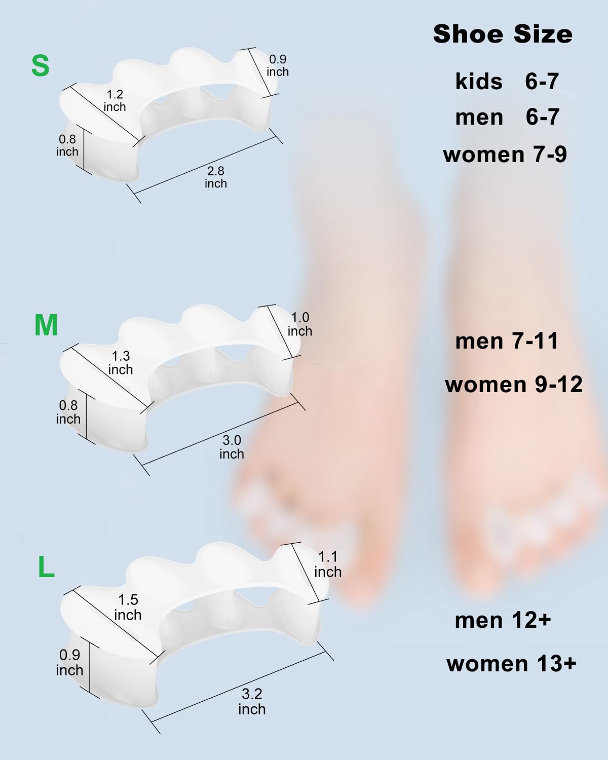 2Pairs Toe Separators Toe Spacers for Women Men to Correct Bunion, Relieve Feet Pain, Foot Alignment, Toe Straighteners for Hammertoes, Plantar Fasciitis (L, Women Shoe Size 13+, Men:11.5+)