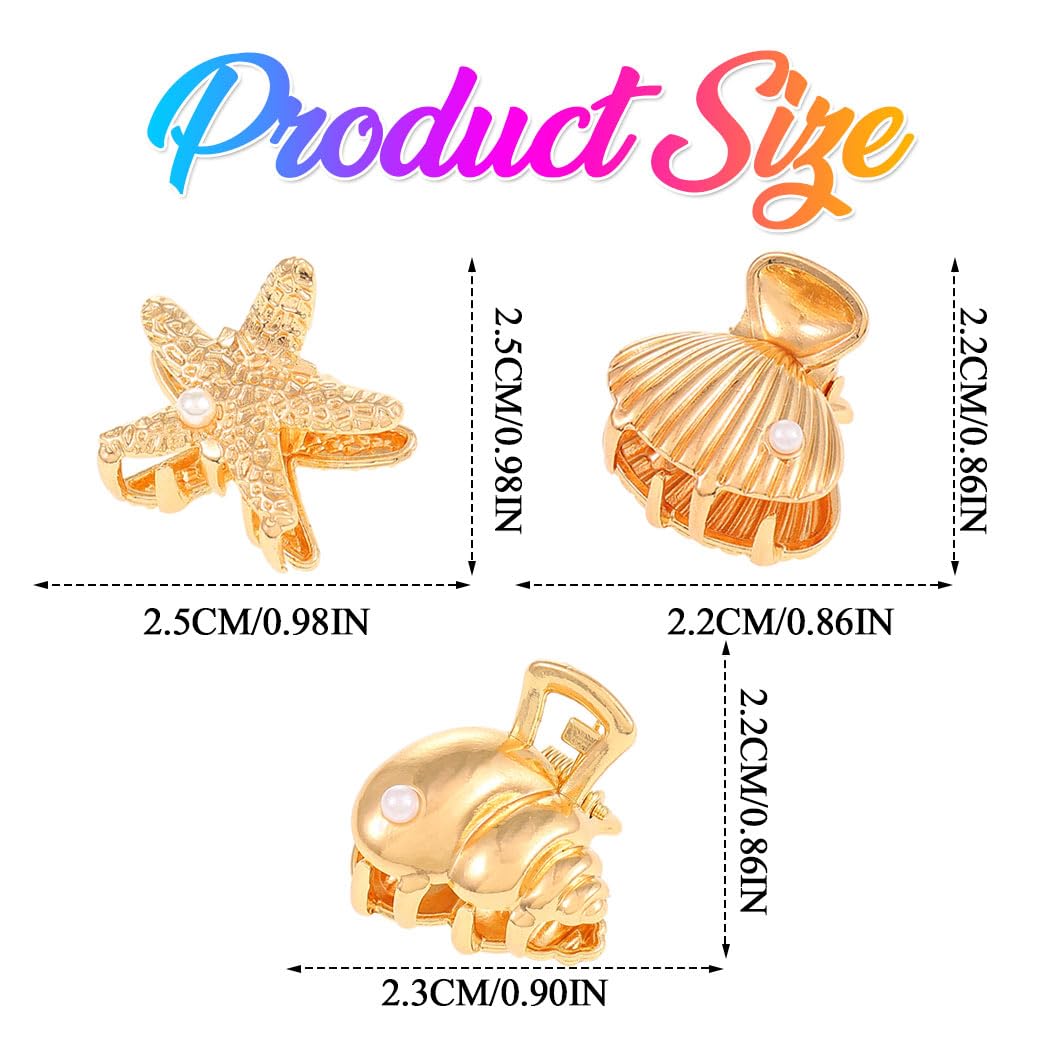 Banatra Starfish Hair Clips Gold Small Metal Claw Clips Mini Shell Beach Hair Accessories for Women and Girls (Pack of 3）