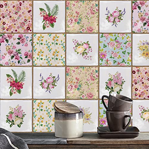 Alwayspon Peel and Stick Vinyl Tile Stickers - 10 Pcs Floral Decals for Kitchen & Bathroom