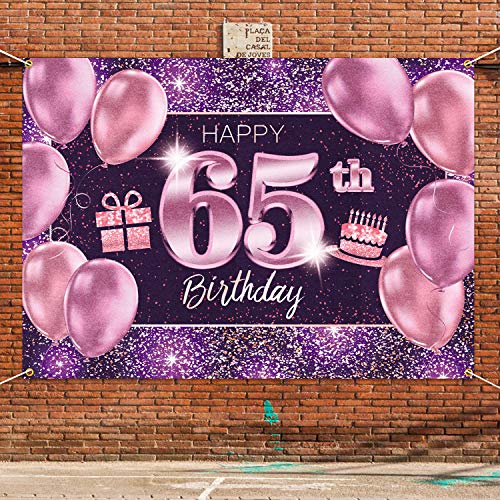 65th Birthday Banner Backdrop - Pink Purple Gold 4x6ft Party Decor