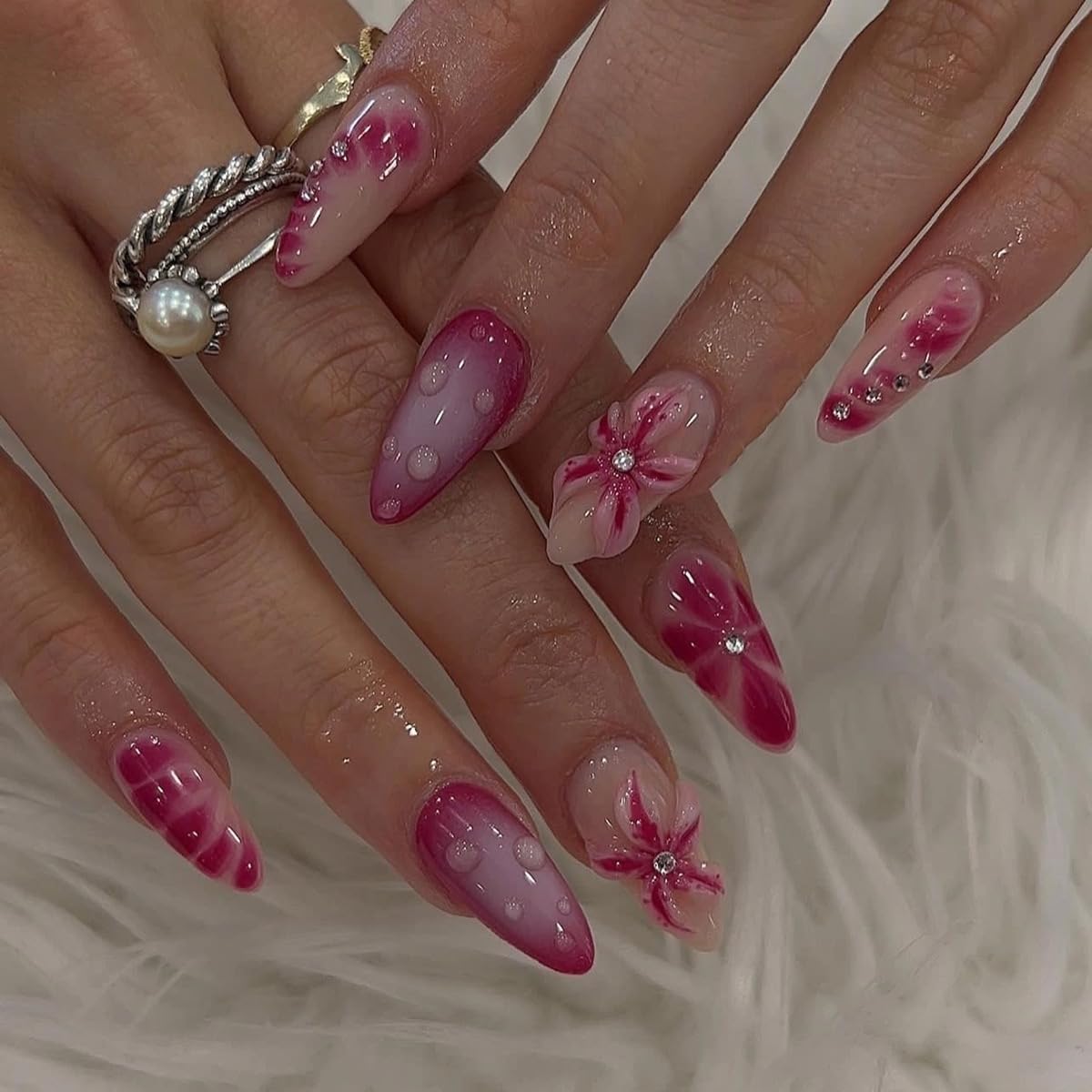 Press On Nails Almond - Medium Aurora Design Full Cover Fake Nails | 24 Pcs White Stick-On for Women