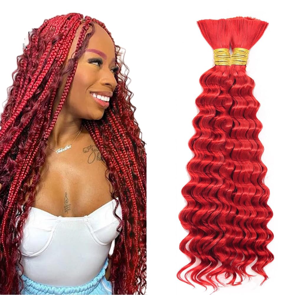 Red Boho Human Hair Red Boho Hair For Braiding Pre Stretched Deep Curly Wave Vermilion Braids Bulk Bohemian Color Scarlet Braids HuxoWax 100g 28 28 Inch
