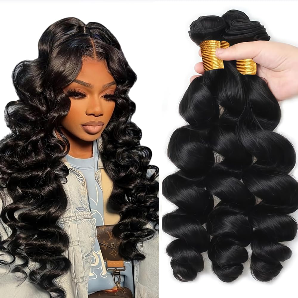 Loose Wave Bundles Human Hair Loose Wave Bundles Black Bundle Human Hair Natural Black Unprocessed Brazilian Virgin Color 1B Bundle HuxoWax 150g 16 18 20 Inch