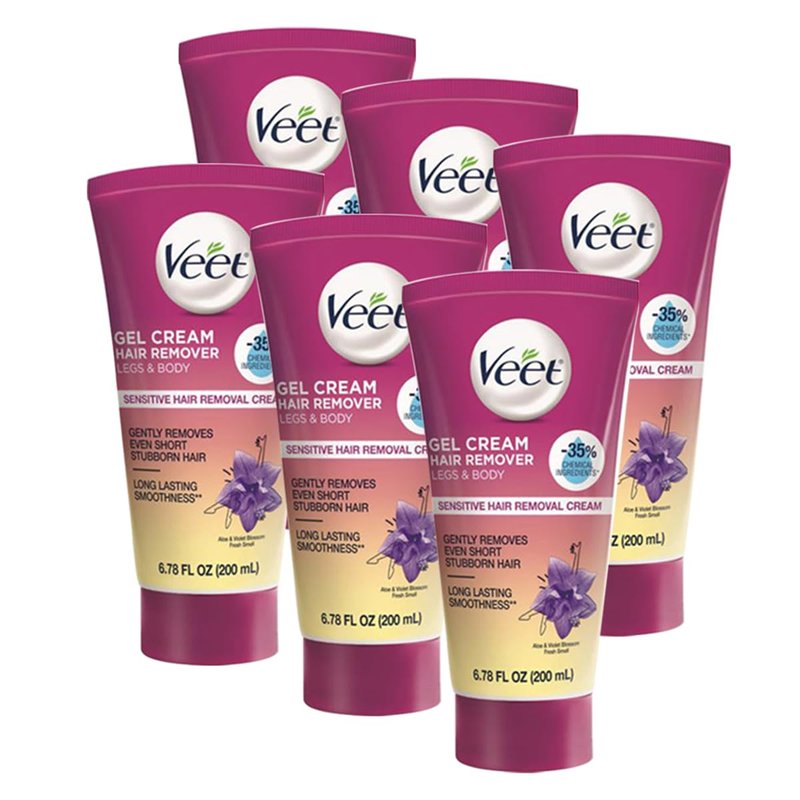 Veet Sensitive Skin Formula with Aloe Vera and Vitamin E, Dermatologically Tested Hair Removal Gel Cream 6.76 Fl Oz. for Legs & Body (6 Pack)