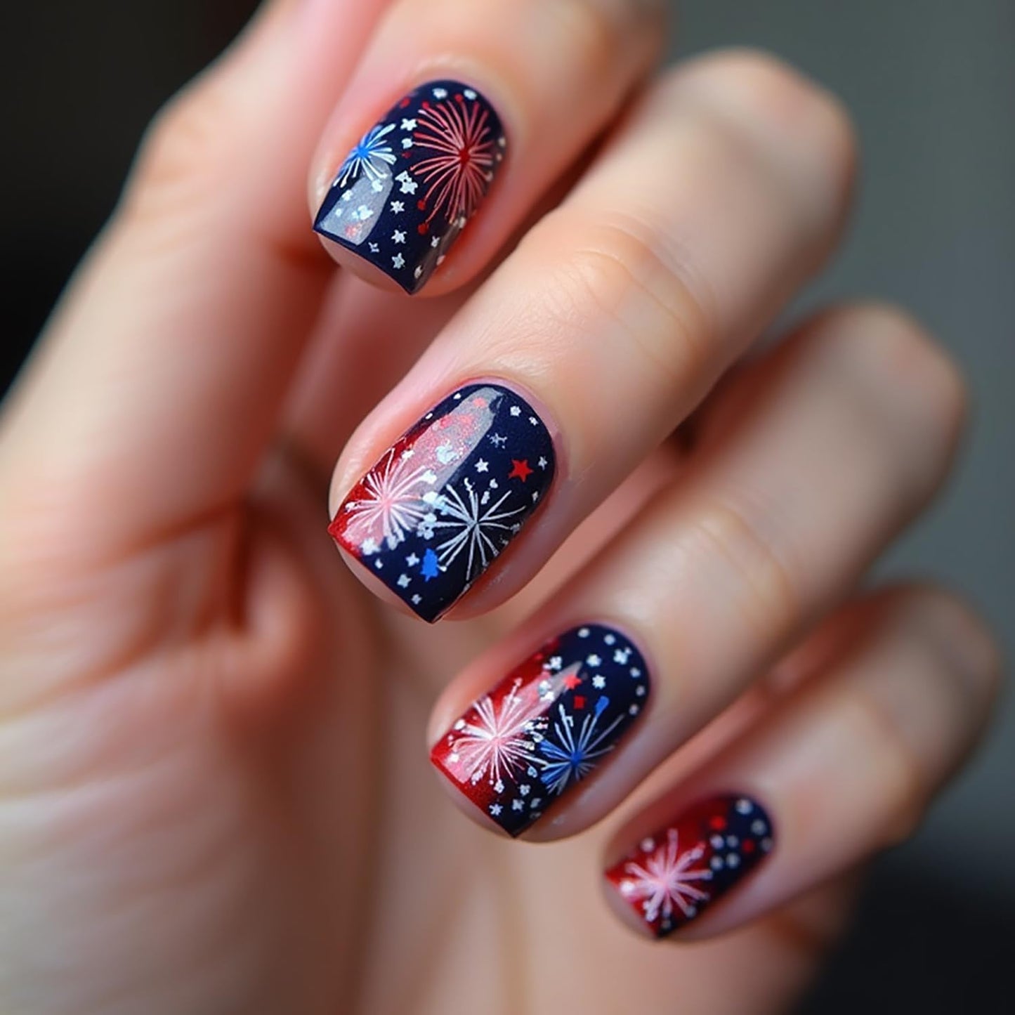 24Pcs 4th of July Press-On Nails - Medium Square Red, Blue & White Glitter Designs | Reusable Patriotic Acrylic Nails for Women