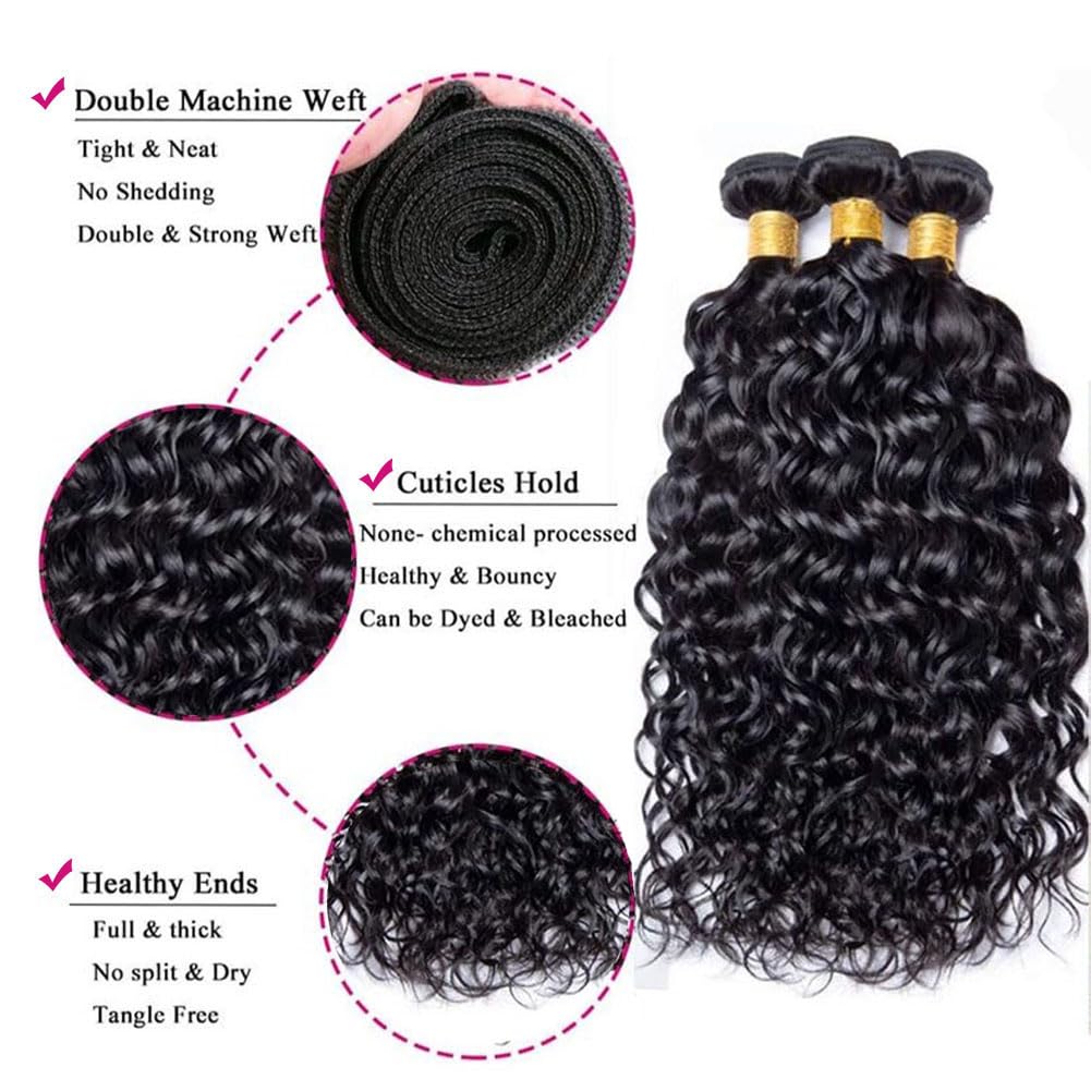 Water Wave Human Hair Bundles - 100% Unprocessed Brazilian Virgin Hair | Natural Black, 12-16 Inch, Curly Texture