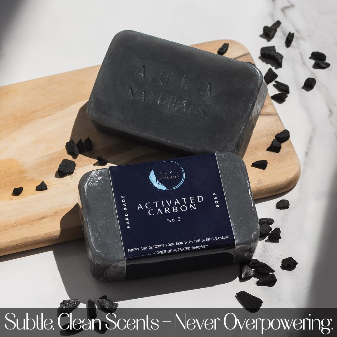 Aura Naturals Mens Bar Soap Pack of 4 - Sandalwood, Lemon, Activated Carbon & Chamomile Scented Natural Soap for Men - 5.3oz Bar - Exfoliating Soaps for Men Body, Hand, Face - Male Soaps Gift Set