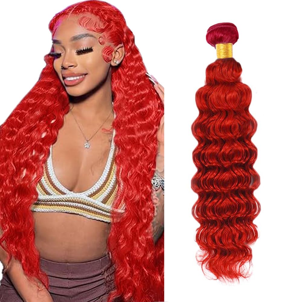 GveoXvo Red Human Hair Bundles Red Deep Wave Bundle Unprocessed Brazilian Virgin Hair Extensions 14 Inch Burgundy Human Hair Bundles