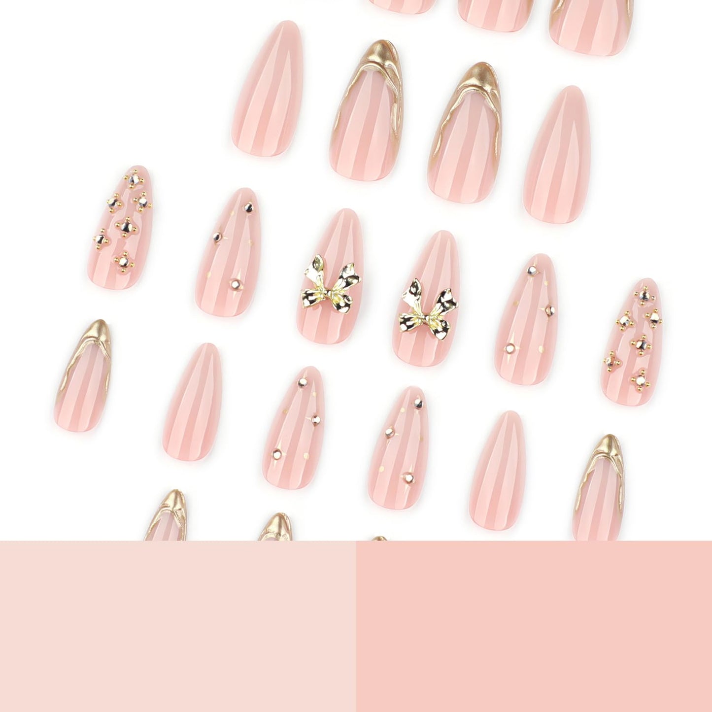 3D Gold French Tip Press-On Nails | Medium Almond Shape with Rhinestones & Gold Beads | Full Cover, Glossy Finish