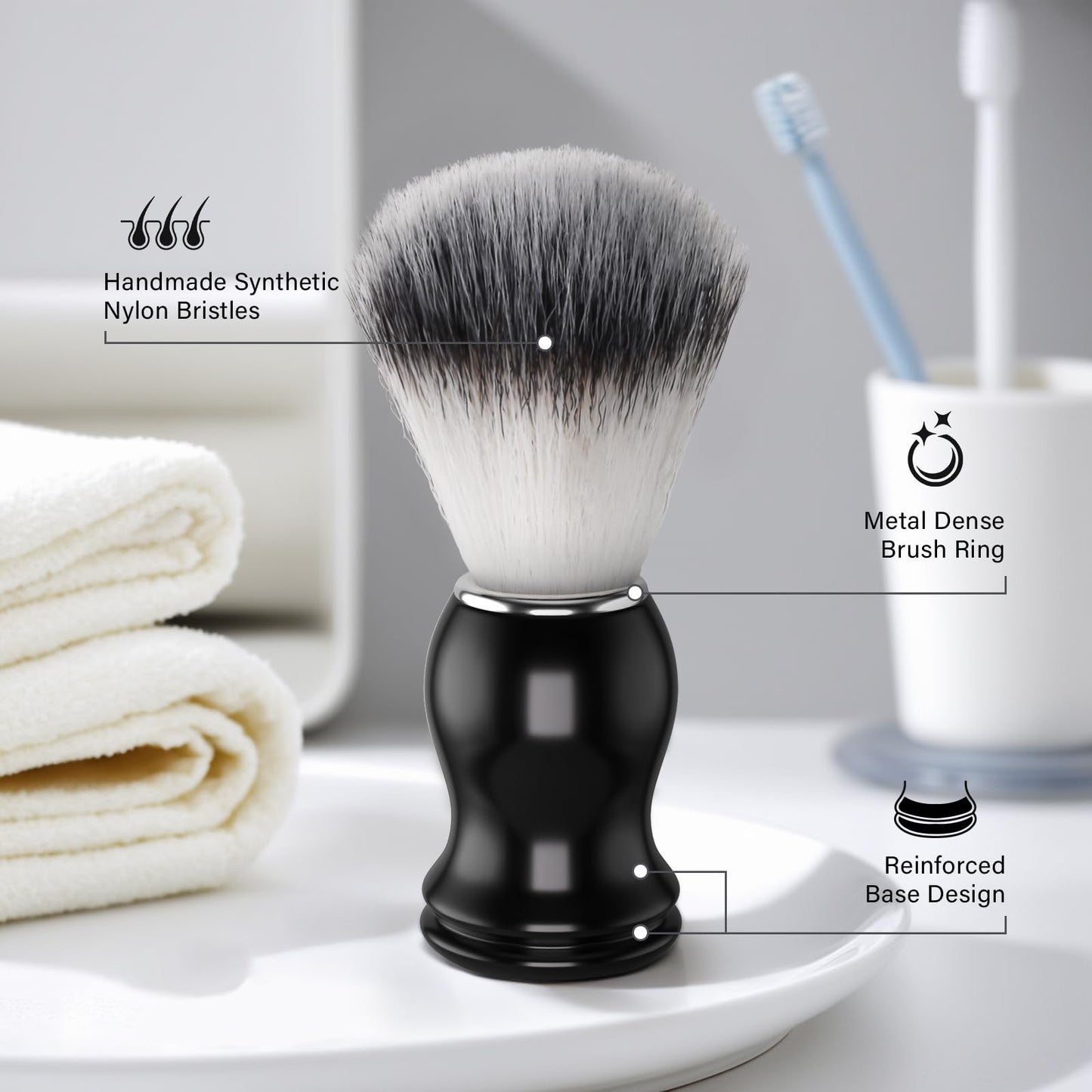 Tonhawness Shaving Brush Kit for Men, 3 in 1 Shave Brush Set Includes Nylon Bristle Shaving Brushes, 3 Layers Stainless Steel Shaving Bowl and Stand Holder Kit for Wet Shave Gift