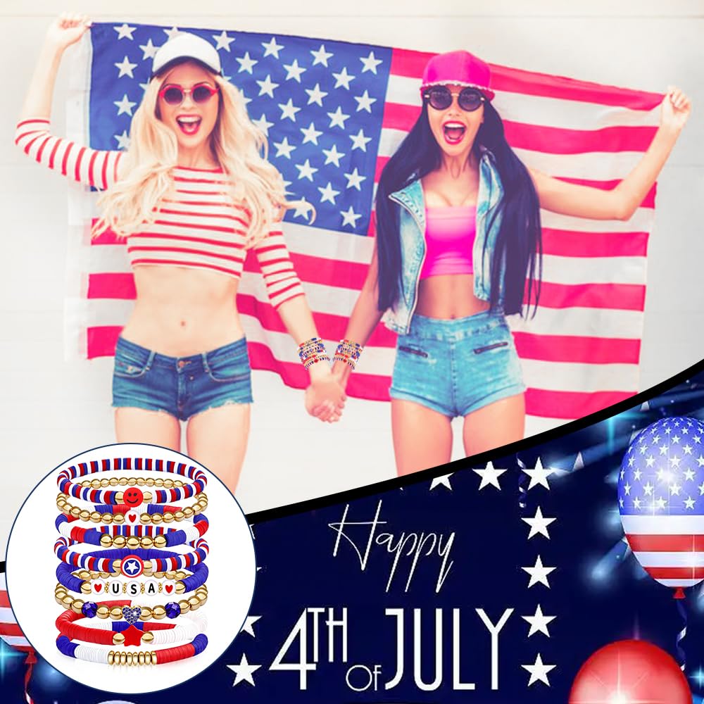 lakayfimily 250 Anniversary USA Merchandise 4th of July Outfits for Women Men Teens Red White Blue Clay Beaded Stretch Bracelets USA Patriotic Jewelry 4th of July Accessories