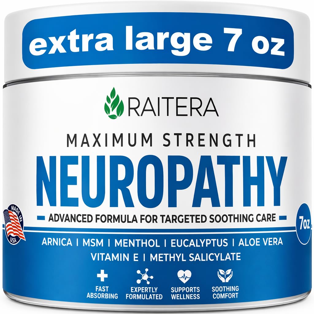 Raitera Neuropathy Nerve Cream – Maximum Strength for Feet, Hands, Legs, Toes – Advanced Cooling Non-Greasy Fast Absorbing Formula - Natural Ingredients Frankincense, Arnica, Aloe Vera, Turmeric, MSM