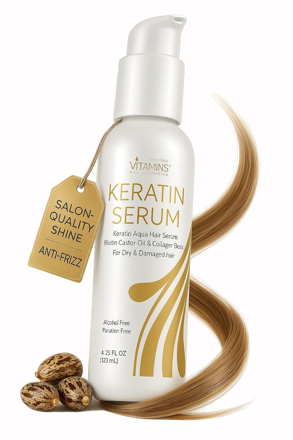 Keratin Hair Serum with Biotin, Castor Oil & Collagen - Anti-Frizz Leave-In Treatment for Dry, Damaged Hair | 4.25 fl oz (125mL)
